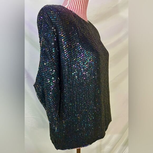 Vintage Black Beaded Blouse 100% Silk Sequin Rainbow Sparkly Retro 80s Sz Medium - Picture 6 of 12